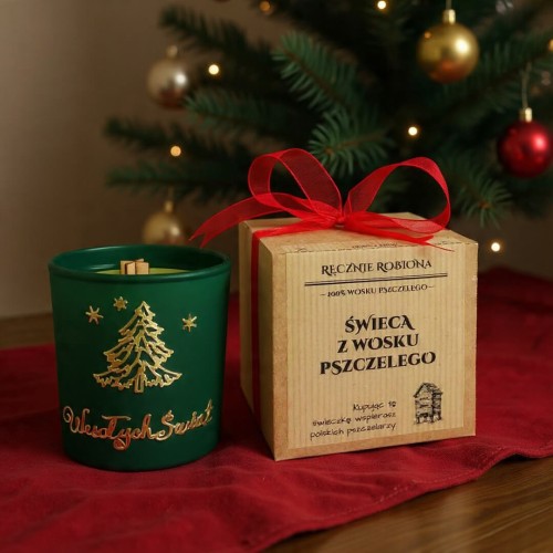 świeca z wosku pszczelego w zielonej szklance